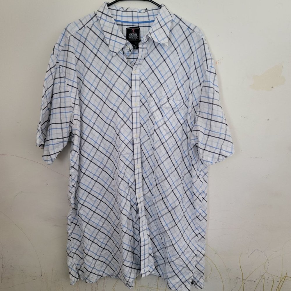 Starbury Shirt Mens XXL 2XL White Plaid Short Sleeve Shirt 100% Cotton